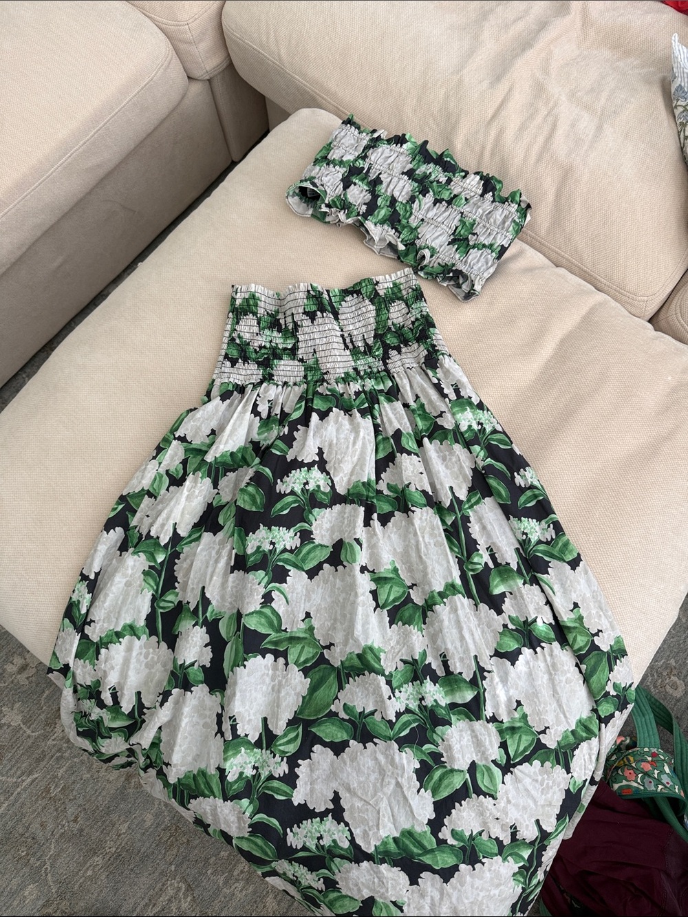 Hill House Floral Smocked Midi Skirt Set in Black, White & Green